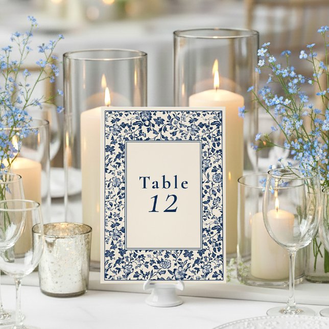 Delftware floral blue table seating chart card (Delftware wedding table number sign.)