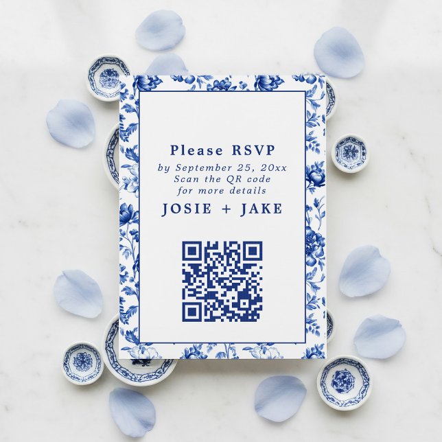 Delftware Inspired Blue Floral RSVP with qr code Enclosure Card (Blue delftware border wedding RSVP with QR code card.)