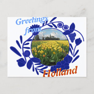 Delftware Pattern Tulips Greetings from Holland Postcard