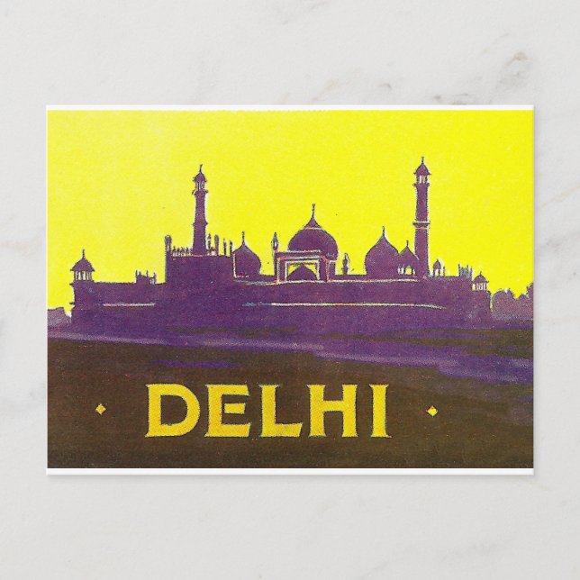 Delhi, silhouette of the city, temple and fortress postcard (Front)