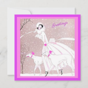 Delicate1920's Lady, Russian Wofhounds , Snow copy Card