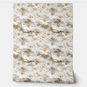 Delicate 3d white and gold flowers spring floral wallpaper