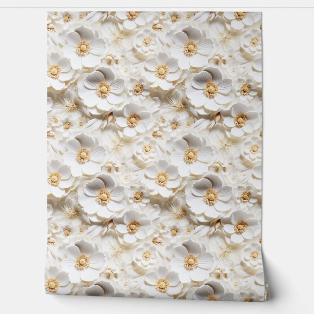 Delicate 3d white and gold flowers spring floral wallpaper (Unrolling)