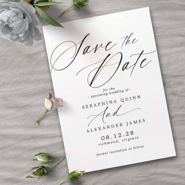 Delicate Airy Script | Classic Black and White Save The Date (Creator Uploaded)