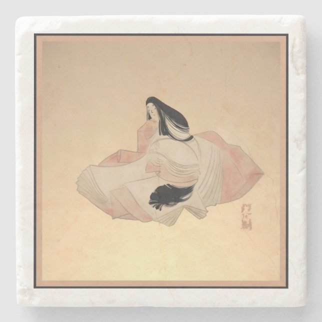 Delicate Ancient Japanese Print on Marble Coaster (Front)