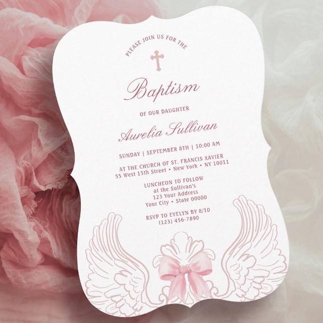 Delicate Angel Wings Pink Bow Baptism Invitation (Creator Uploaded)