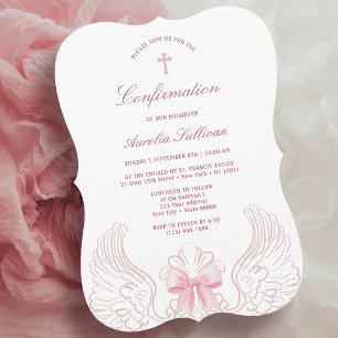 Delicate Angel Wings Pink Bow Confirmation Invitation