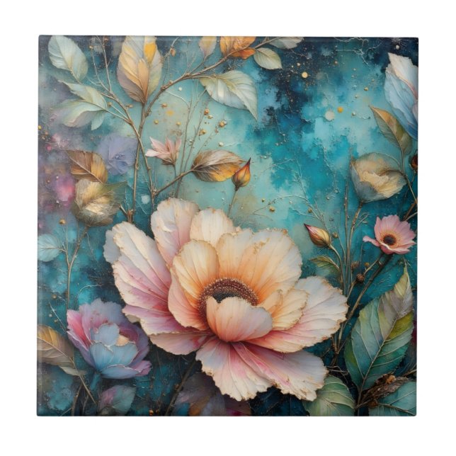 Delicate Apricot Cosmos on Teal Ceramic Tile (Front)