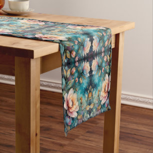 Delicate Apricot Cosmos on Teal Short Table Runner