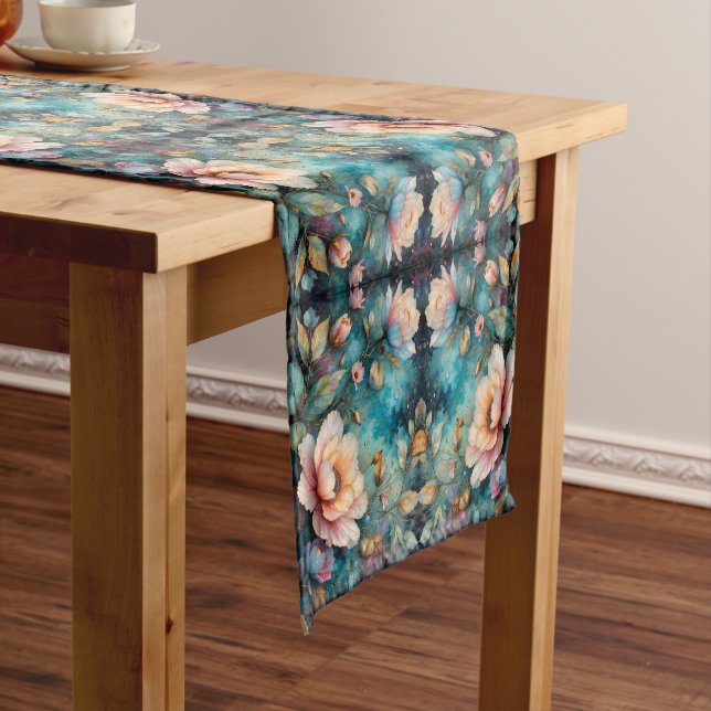 Delicate Apricot Cosmos on Teal Short Table Runner (In Situ)