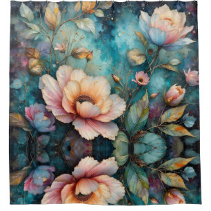 Delicate Apricot Cosmos on Teal Shower Curtain