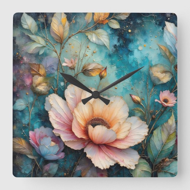 Delicate Apricot Cosmos on Teal Square Wall Clock (Front)
