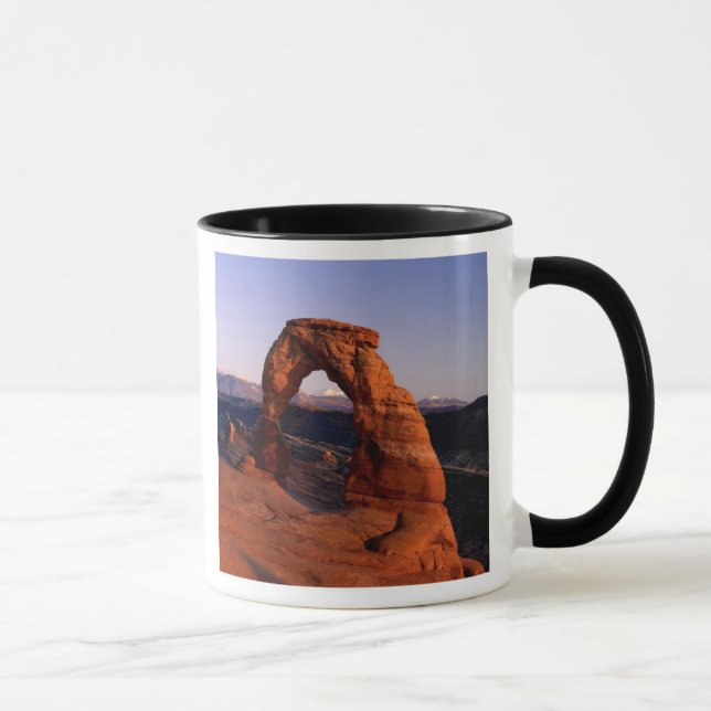 Delicate Arch at Sunset with snow covered La Mug (Right)