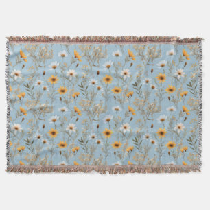 Delicate Australian Wildflowers On Blue, Throw Blanket