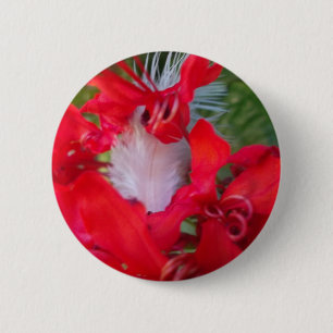 Delicate Beauty: Red Flower with White Feather 6 Cm Round Badge