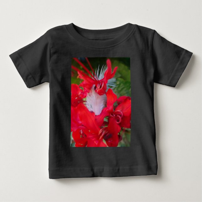 Delicate Beauty: Red Flower with White Feather Baby T-Shirt (Front)