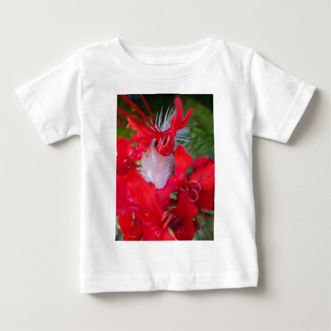 Delicate Beauty: Red Flower with White Feather Baby T-Shirt (Front)