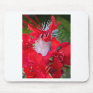Delicate Beauty: Red Flower with White Feather Mouse Pad