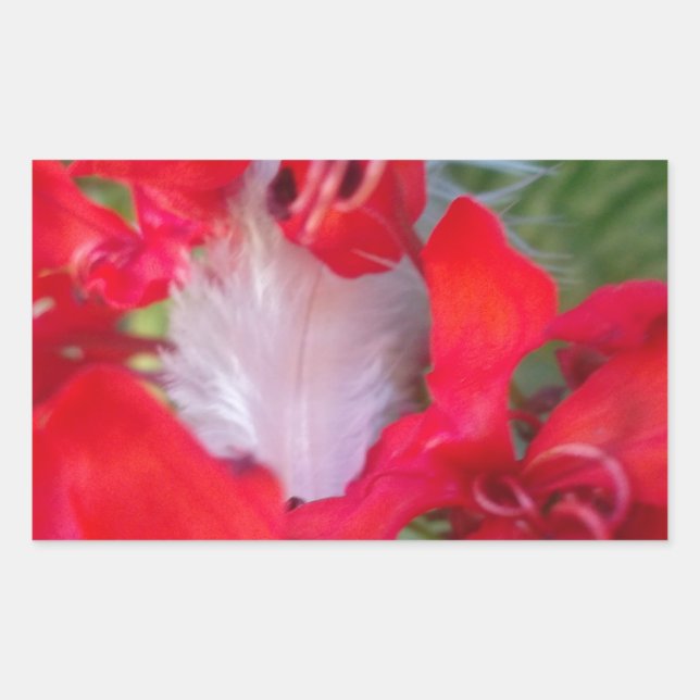 Delicate Beauty: Red Flower with White Feather Rectangular Sticker (Front)