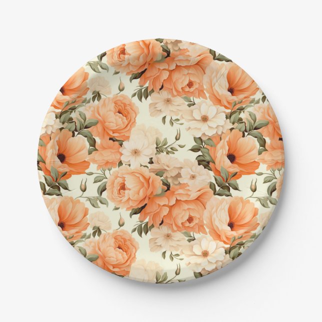 Delicate beige peach flowers paper plate (Front)