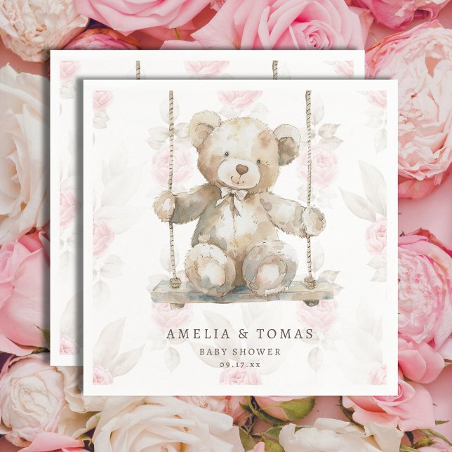 Delicate Beige Teddy Bear Pink Floral Baby Girl Napkin (Creator Uploaded)