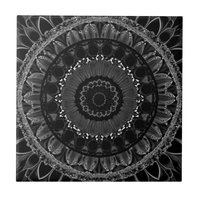 Delicate Black and White Floral Ceramic Tile (Front)