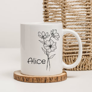Delicate Black and White Floral Personalised Name Coffee Mug