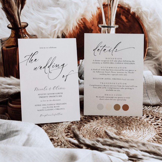 Delicate Black and White Wedding Invitation (Anouk Collection Whimsical Script Wedding Invitation with Details)