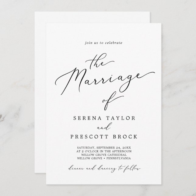 Delicate Black Calligraphy All In One Marriage Invitation (Front/Back)