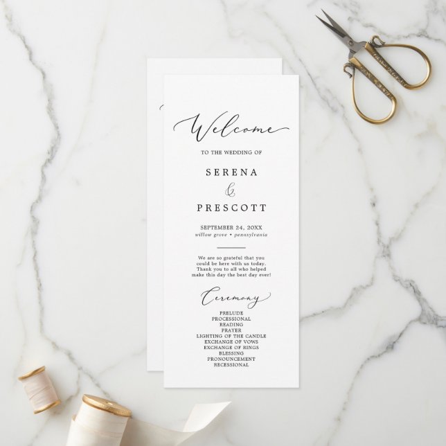Delicate Black Calligraphy Ampersand Wedding Program (Front/Back In Situ)