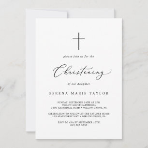 Delicate Black Calligraphy Cross Christening Invitation