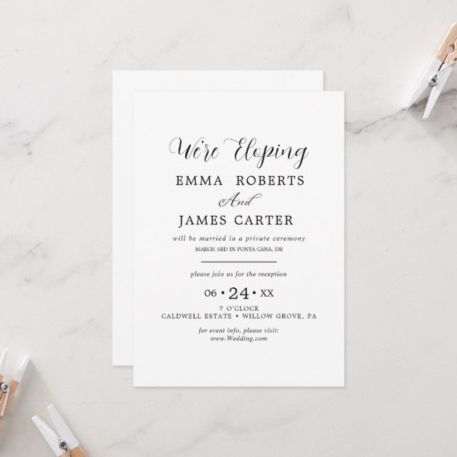 Delicate Black Calligraphy Elopement Reception Inv Invitation (Front/Back In Situ)