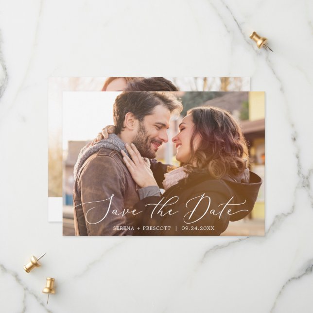 Delicate Black Calligraphy Horizontal Dark Photo Save The Date (Front/Back In Situ)