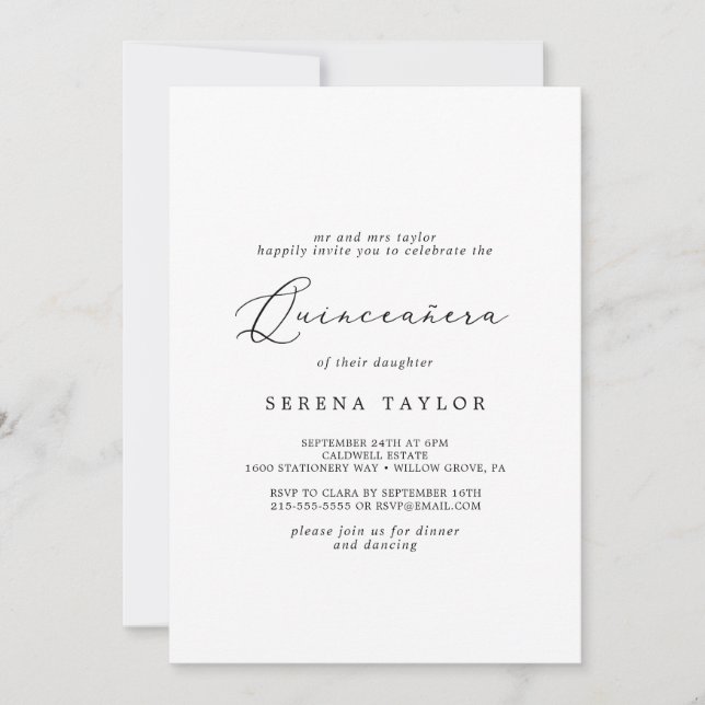 Delicate Black Calligraphy Quinceañera Invitation (Front)