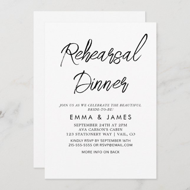 Delicate Black Calligraphy Rehearsal Dinner Invita Invitation (Front/Back)