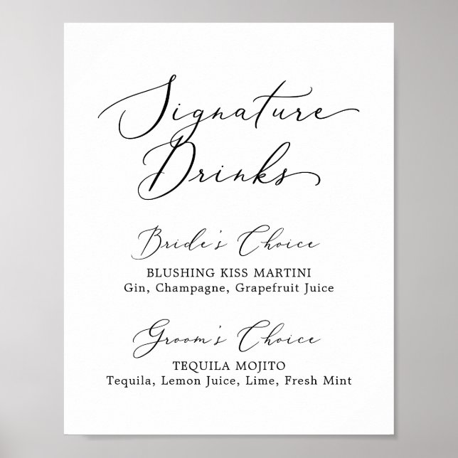 Delicate Black Calligraphy Signature Drinks Sign (Front)