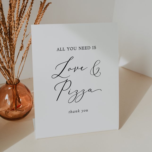 Delicate Black Calligraphy Wedding Love and Pizza Pedestal Sign (Creator Uploaded)