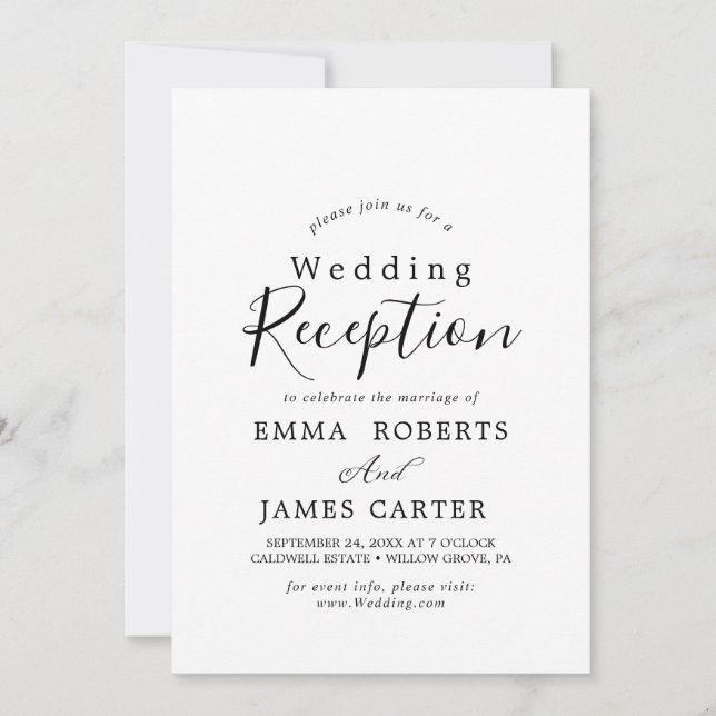 Delicate Black Calligraphy Wedding Reception  Invitation (Front)