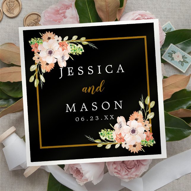 Delicate Black Floral Wedding Cocktail Napkins (Creator Uploaded)