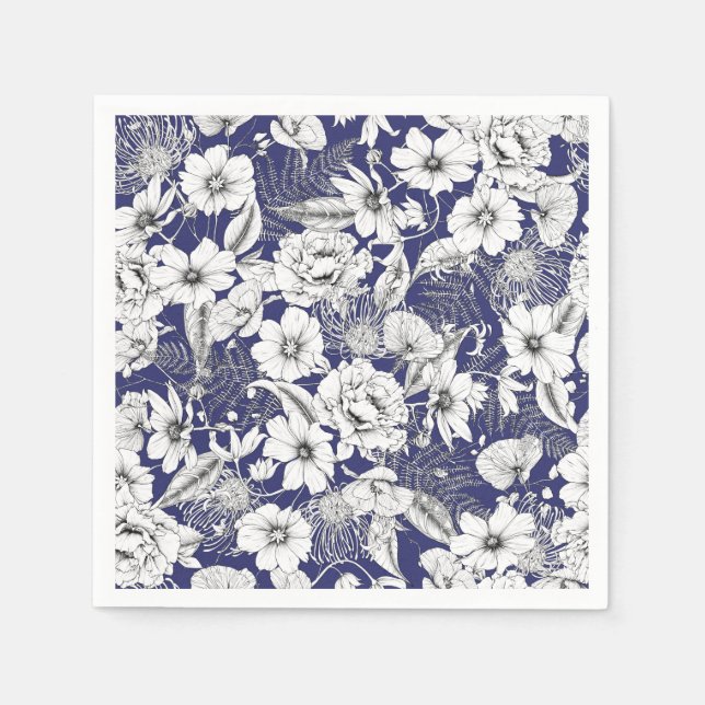 Delicate black white line drawing peony lily ferns napkin (Front)