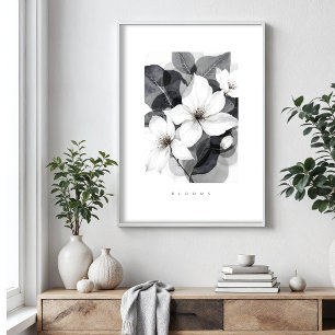 Delicate Black White Overlapping Leaves & Flowers Poster