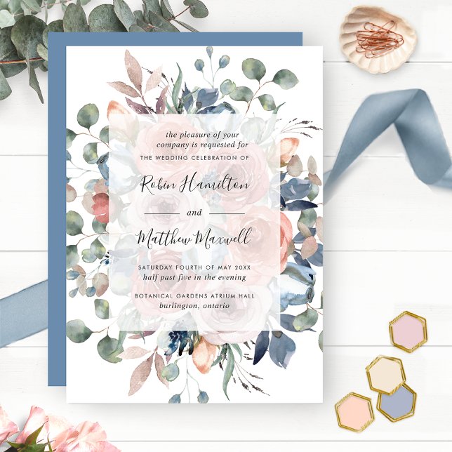 Delicate Blooms with Greenery, Dusty Blue Wedding  Invitation (Creator Uploaded)