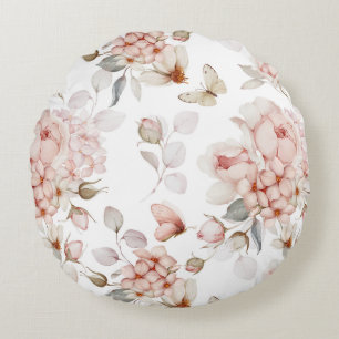 Delicate Blossoms and Butterflies Round Cushion