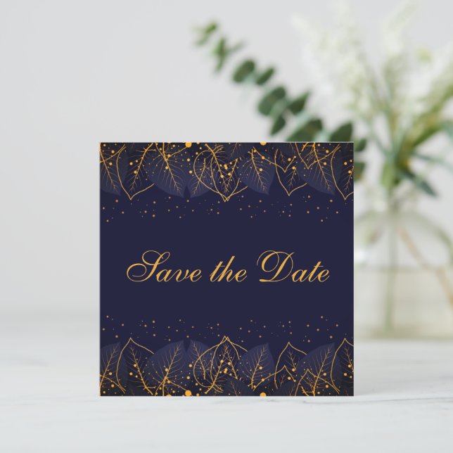 Delicate Blue and Gold Leaves Save The Date (Standing Front)