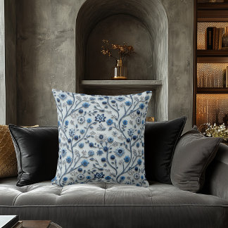 Delicate Blue Blossom Embroidered-Effect Pillow