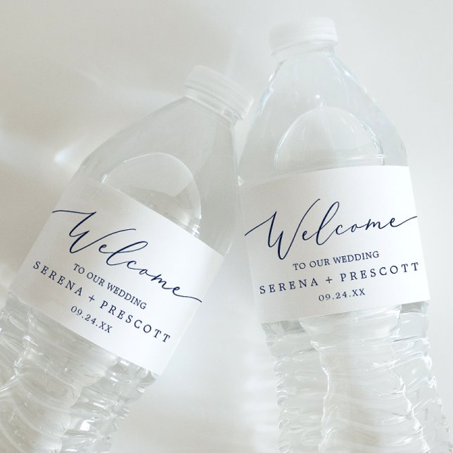 Delicate Blue Calligraphy Wedding Welcome Water Bottle Label (Creator Uploaded)