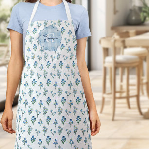 Delicate Blue Floral Monogram Cottagecore Apron