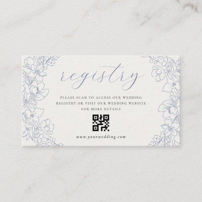 Delicate Blue Floral Wedding Gift Registry QR code Enclosure Card (Front)