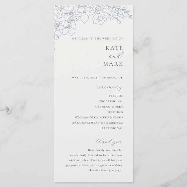 Delicate Blue Floral Wedding Program (Front)