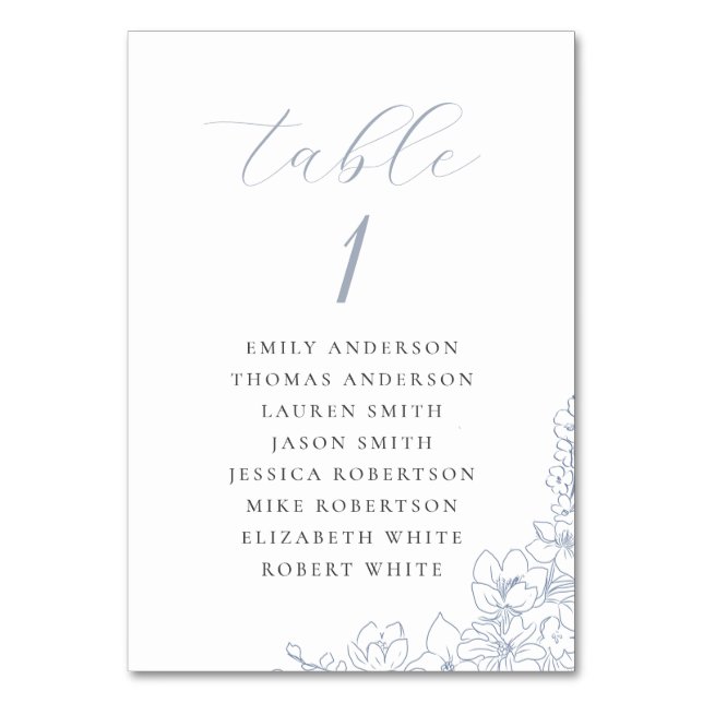 Delicate Blue Floral Wedding Seating Chart Table Number (Front)